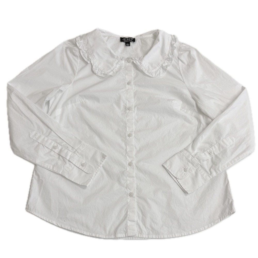 J.Crew Blouse Womens 6 White Peter Pan Collar Ruffle Organic Cotton BT732 - Picture 2 of 10